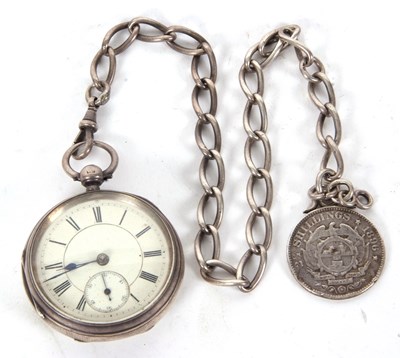 Lot 186 - A silver pocket watch with silver watch chain,...