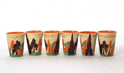 Lot 41 - Set of Six Clarice Cliff Fantasque Bizzare Beakers with Trees and House Design