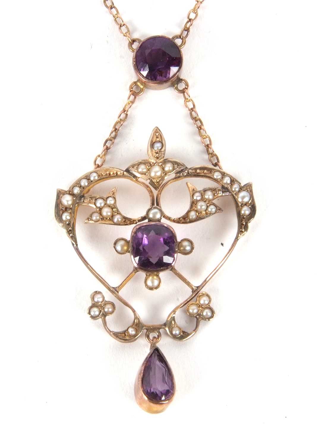 Lot 95 - A 9ct amethyst and seed pearl necklace, set...