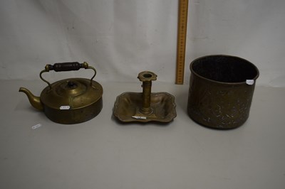 Lot 158 - Brass kettle, chamber stick and jardiniere (3)