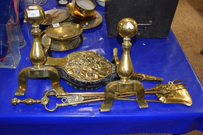 Lot 191 - Brass fire tools, fire dogs and bellows