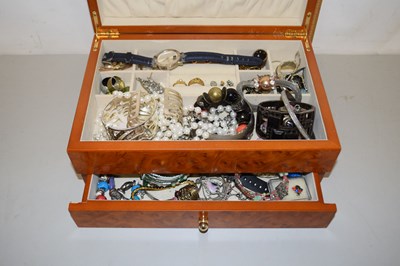 Lot 115 - Polished wood jewellery box and various contents