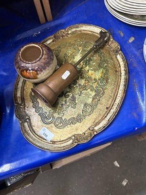 Lot 556 - A serving tray, fire brush and a small vase (3)