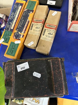 Lot 898 - Two boxes of flush bolts, quantity of files...