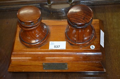 Lot 537 - Small two bottle desk stand with brass plaque...