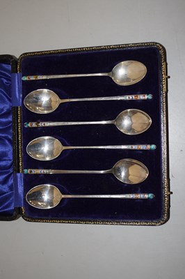 Lot 132 - Set of six Korean white metal and enamel...