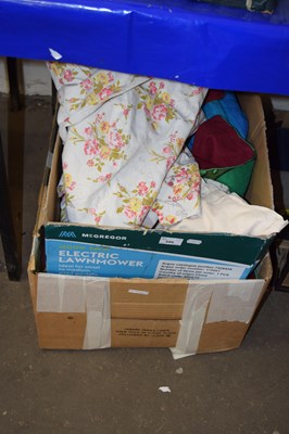 Lot 599 - Two boxes of various curtains, fabric etc