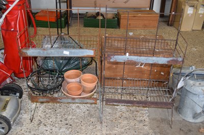 Lot 1064 - Two metal greenhouse shelves together with...