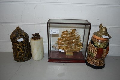 Lot 506 - MIXED LOT: A METAL MODEL OF A TALL SHIP SET IN...