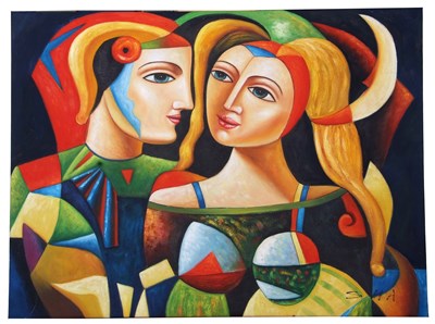 Lot 157 - Modern cubist, Jesters, oil on canvas,...