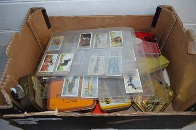 Lot 558 - BOX VARIOUS TINS, CIGARETTE CARDS ETC