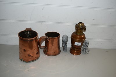 Lot 591 - TWO COPPER TANKARDS AND A COPPER OIL LAMP...