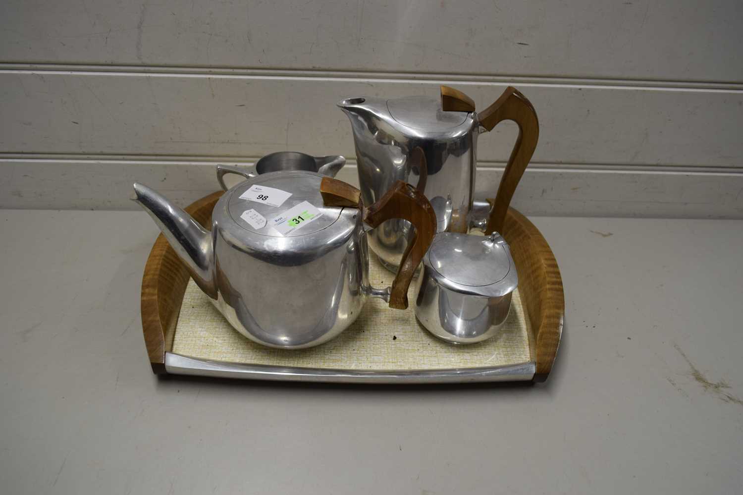 Lot 98 - PICQUOT WARE FOUR PIECE TEA SET WITH TRAY