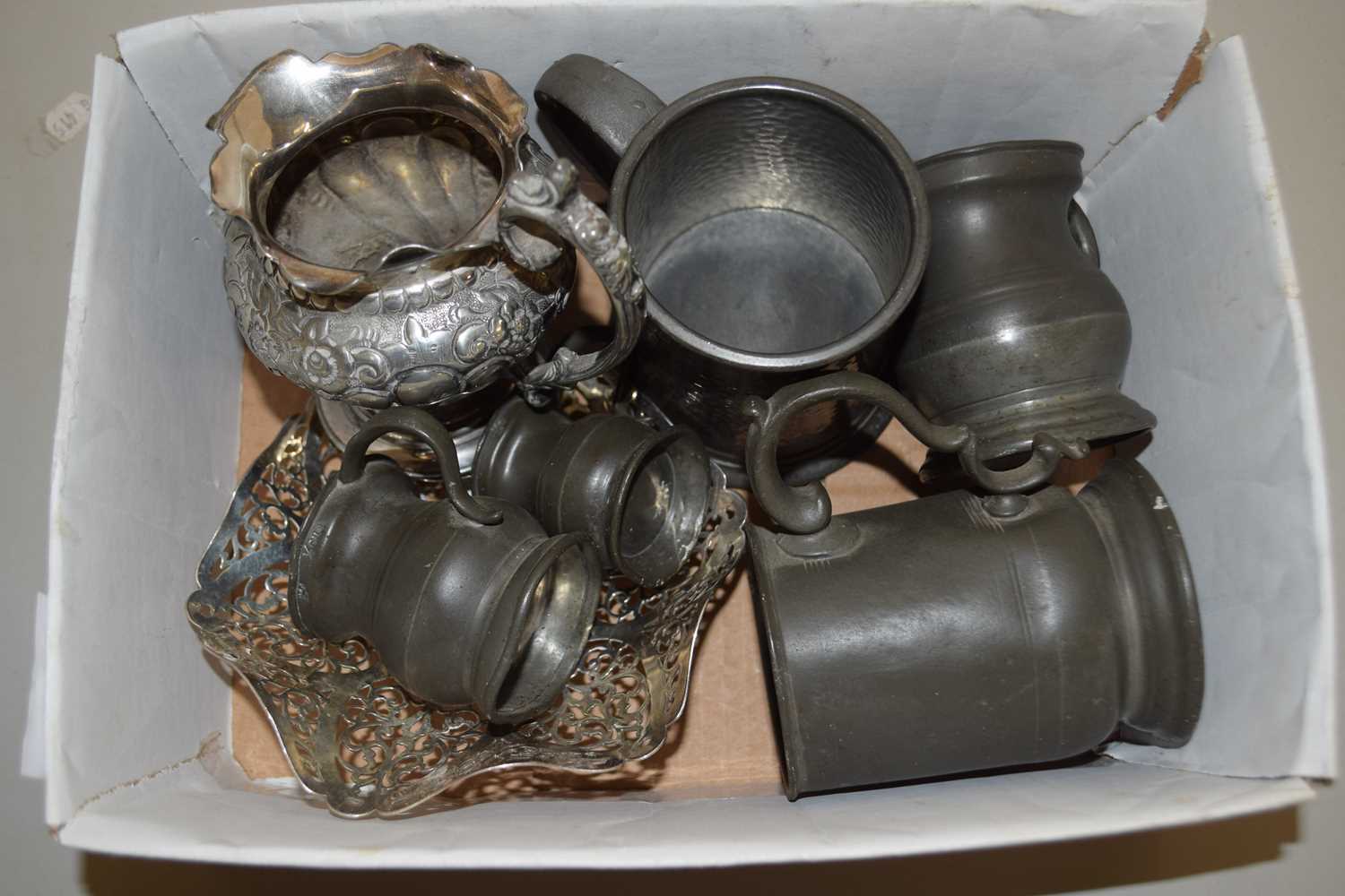 Lot 42 - Box of pewter tankards, silver plated wares etc