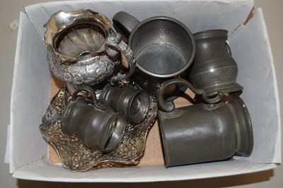 Lot 42 - Box of pewter tankards, silver plated wares etc