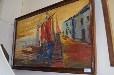 Lot 738 - Contemporary continental boat scene, oil on...