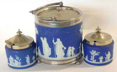 Lot 387 - A blue jasper ware biscuit barrel with plated...