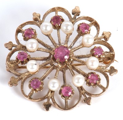Lot 77 - A 9ct cultured pearl and ruby brooch, set to...