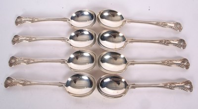 Lot 41 - Eight silver Kings pattern soup spoons, double...