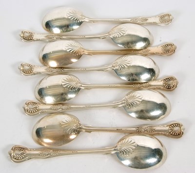 Lot 41 - Eight silver Kings pattern soup spoons, double...