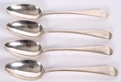 Lot 43 - Four George III silver tablespoons, initialled,...