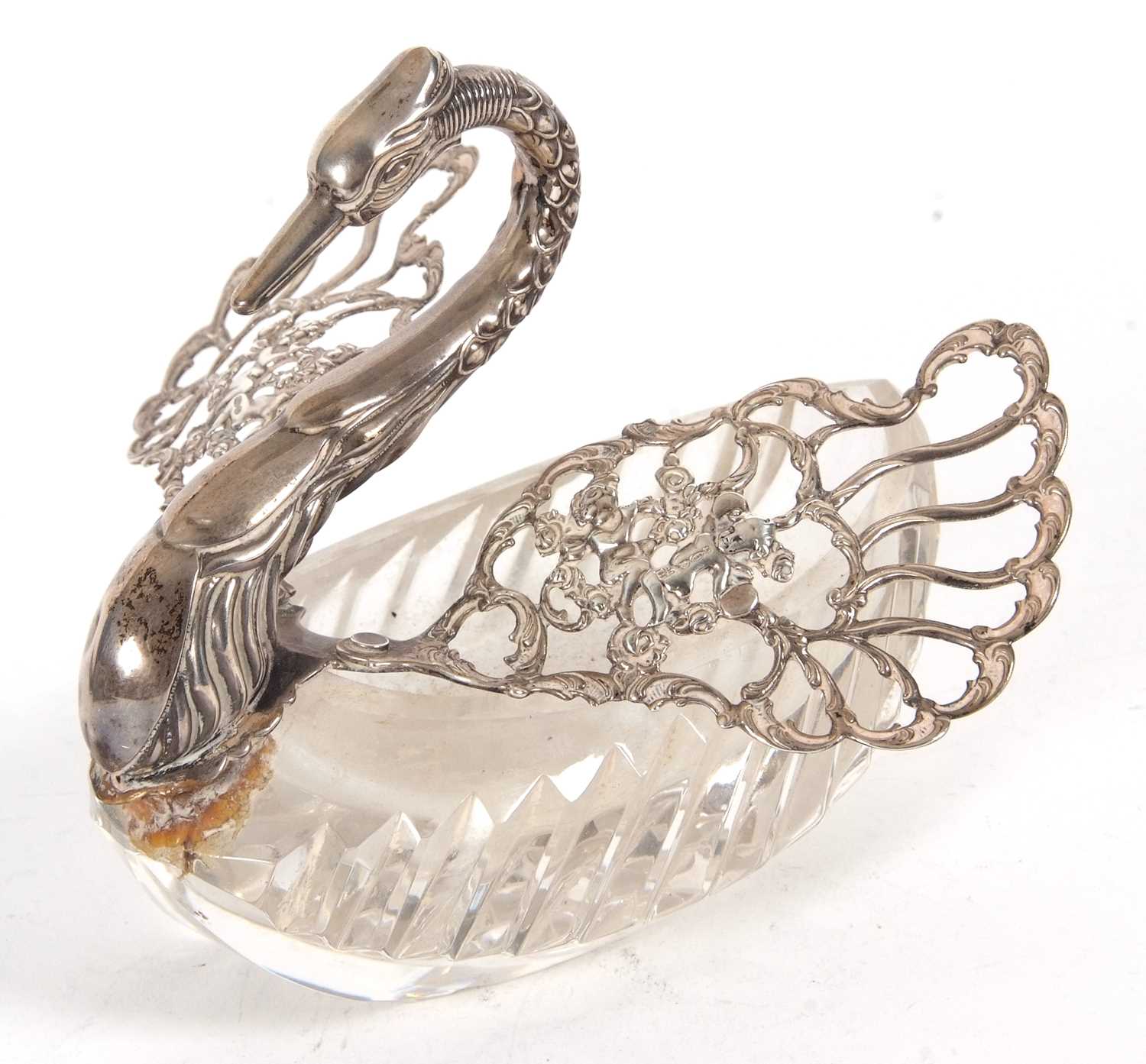 Lot 53 - An import 925 marked and cut glass swan dish,...