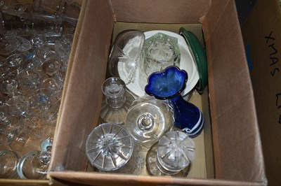 Lot 603 - ONE BOX MIXED DECANTERS, GLASS VASES ETC