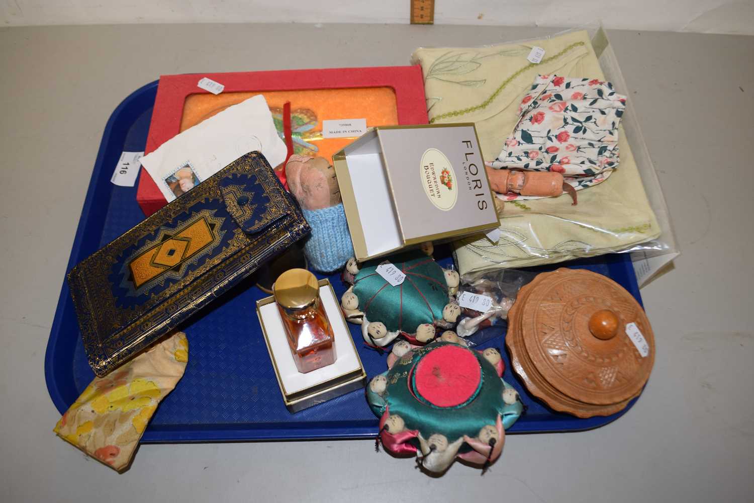 Lot 116 - Mixed Lot: Various pin cushions, bottle of...