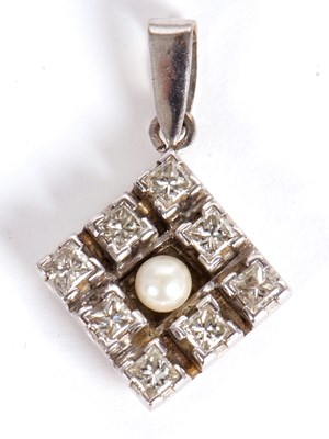 Lot 62 - A silver, diamond and cultured pearl pendant,...