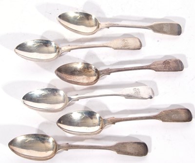 Lot 196 - Set of six Victorian Fiddle pattern tea spoons,...