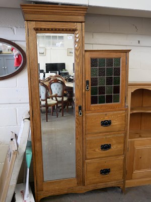 Lot 566 - Arts & Crafts style oak wardrobe with single...