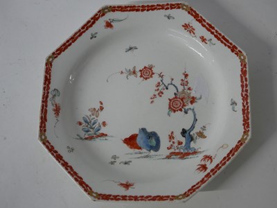 Lot 402 - Bow porcelain octagonal plate painted in...