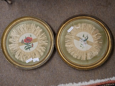 Lot 593 - Pair of Victorian circular silk work pictures...