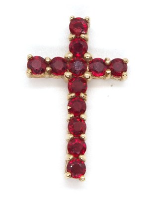 Lot 110 - A 9ct cross pendant, set with round red...