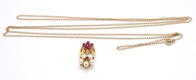 Lot 114 - An 18ct ruby diamond and cultured pearl...