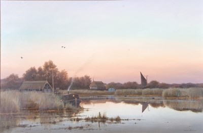 Lot 616 - Colin Burns (b.1944), Norfolk river landscape...