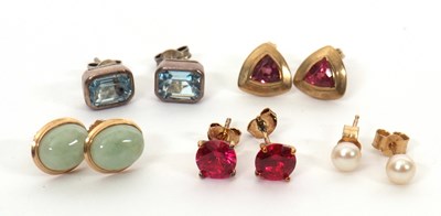 Lot 377 - Five pairs of gemset earrings: to include a...