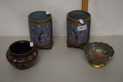 Lot 64 - A pair of small cylindrical cloisonne vases...
