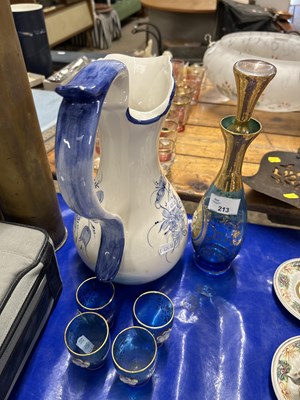 Lot 213 - Blue glass liqueur set, blue and white jug