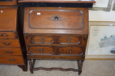 Lot 281 - Early 20th Century oak bureau on barley twist...