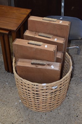 Lot 320 - Wicker basket and various wooden serving trays