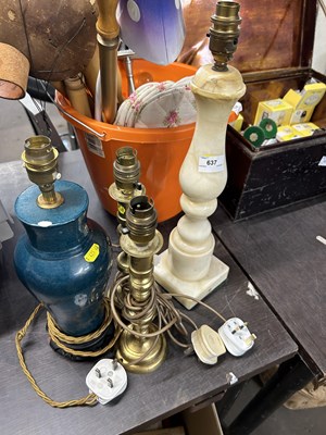 Lot 637 - A pair of brass table lamps an onyx table lamp...