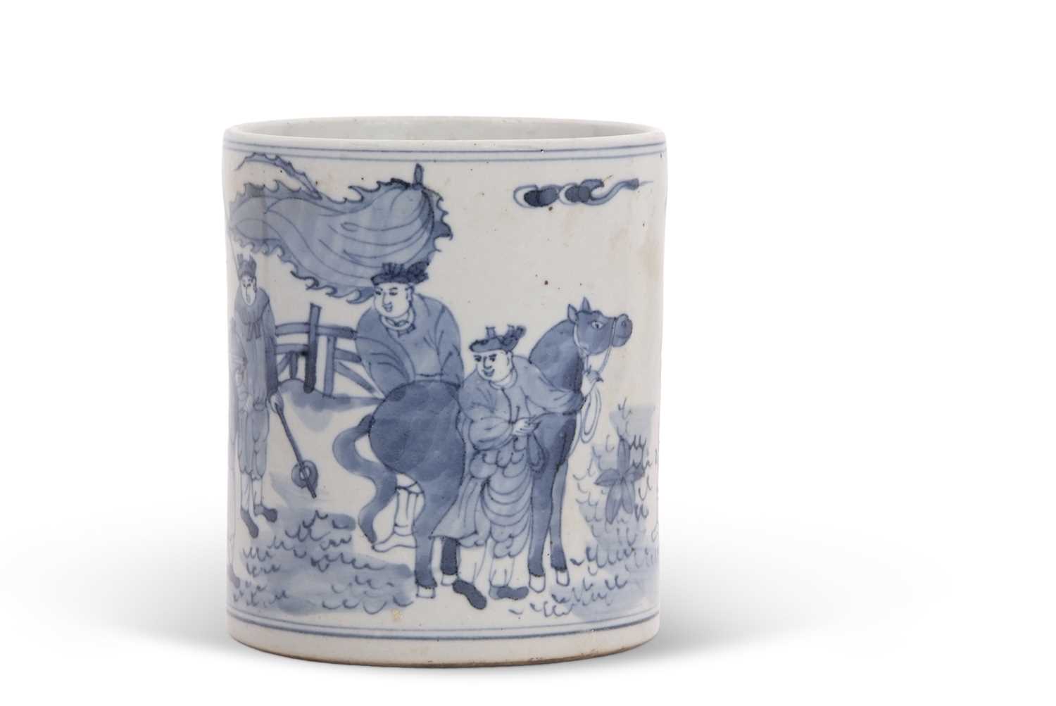 Lot 149 - A Chinese porcelain brush pot painted in blue...