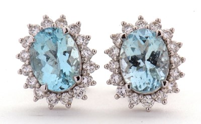 Lot 369 - A pair of 18ct aquamarine and diamond earstuds,...