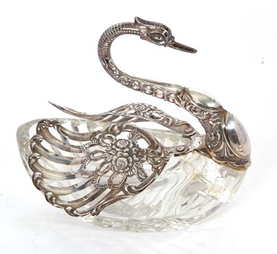 Lot 68 - A large cut glass and white metal swan dish,...