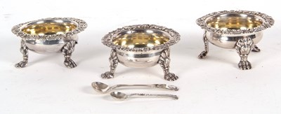 Lot 125 - Three Georgian silver cauldron salt cellars...