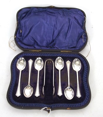 Lot 368 - A cased Victorian six piece teaspoon and tong...