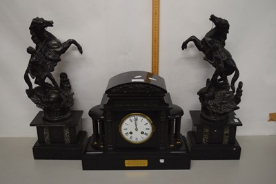 Lot 74 - Black slate mantel clock together with a pair...