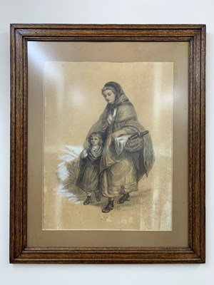 Lot 758 - Pastel and pencil of mother and child on paper,...