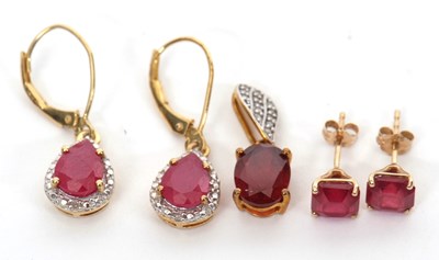 Lot 224 - Two pairs of ruby earrings and a ruby and...